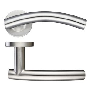 19mm Arched T-Bar Lever - Push On Rose - 52mm Dia - Grade 201KEY FEATURES BS EN 1634-1 SS Grade 201 52 x 8mm round sprung rose Suitable for 35-54mm doors
